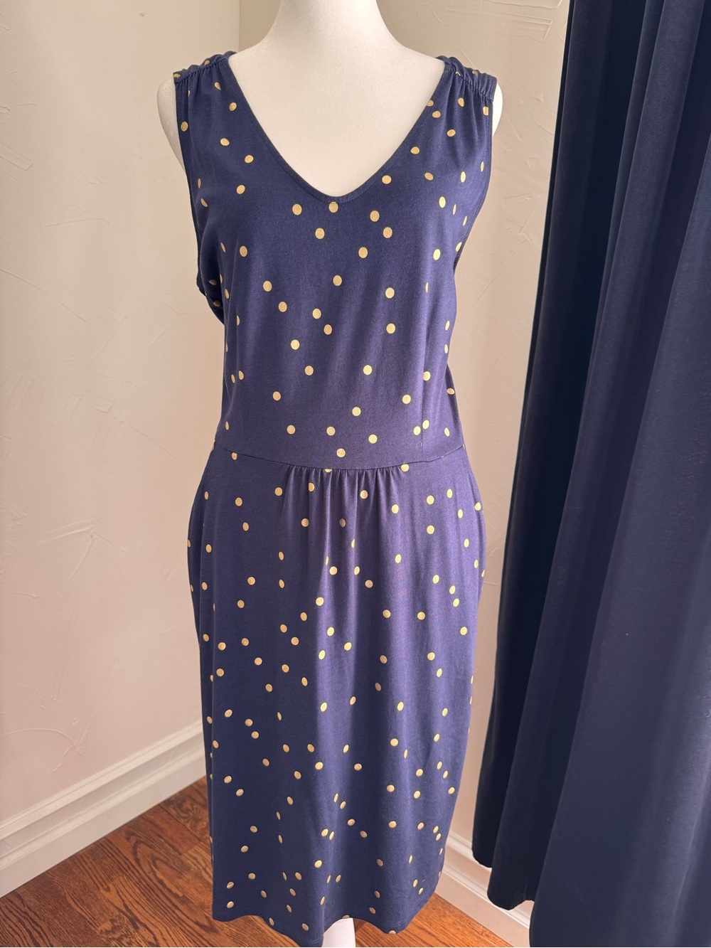 Boden Navy Midi Dress with Gold Polka Dots